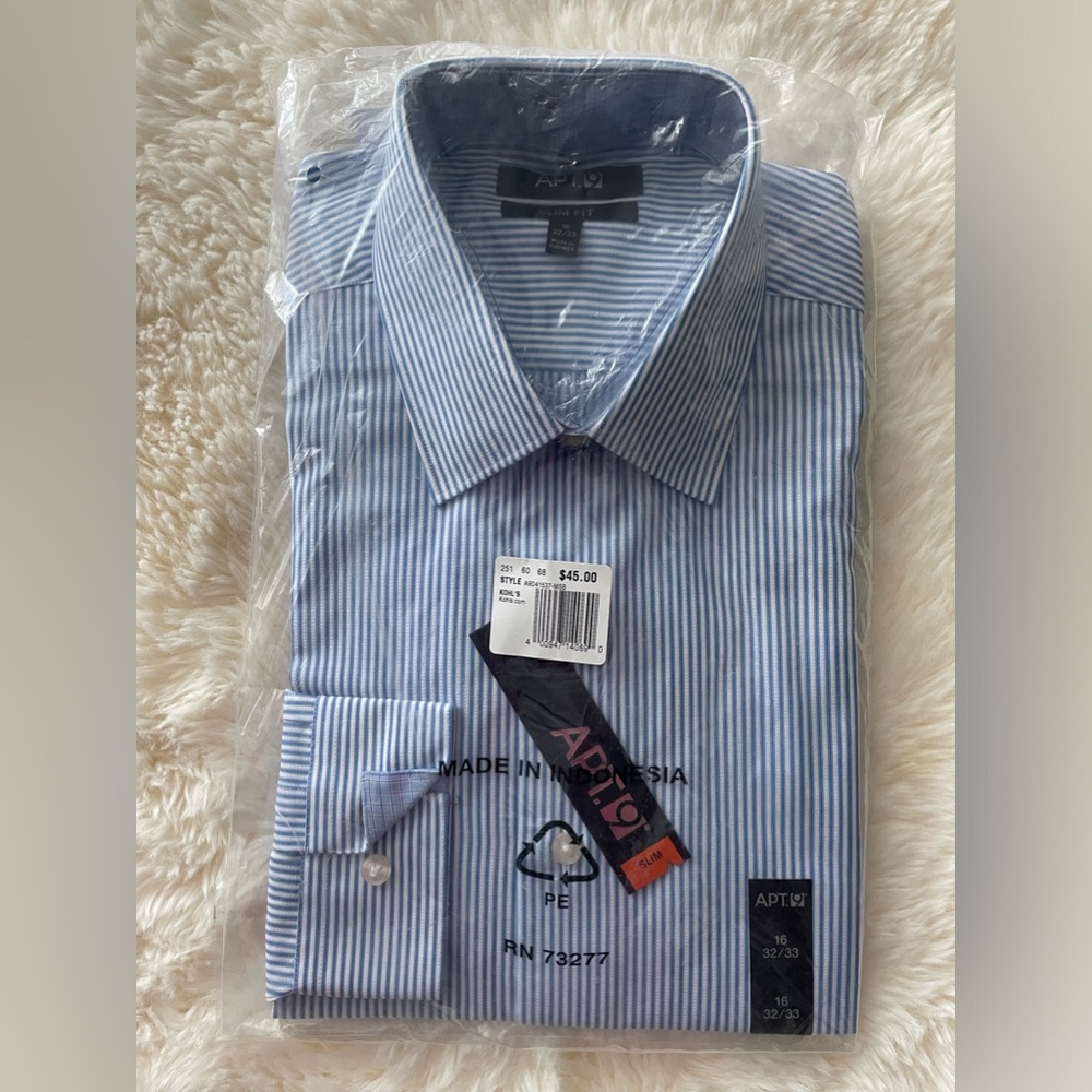 Apt 9 slim, fit, men dresser.White and blue pin strips. Never worn.Size 16 32/33